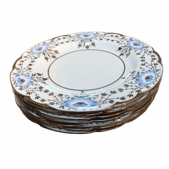 Rare Vintage Wedgwood Blue Lotus Flowers Set 6 Dinner Plates Silver Luster Trim - Picture 1 of 7